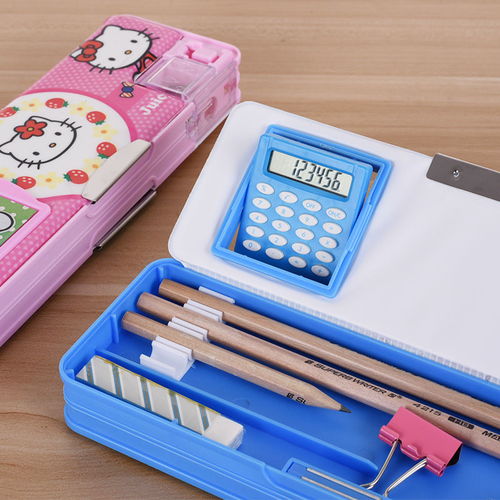 送学习用品小学生男女孩文具盒带计算机多功能双面儿童皮面铅笔盒